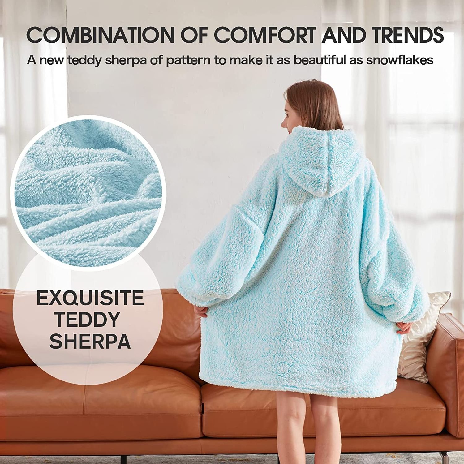 Wearable Blanket Hoodie Oversized Sherpa Fleece Blanket Sweatshirt with Hood One Size Fits All