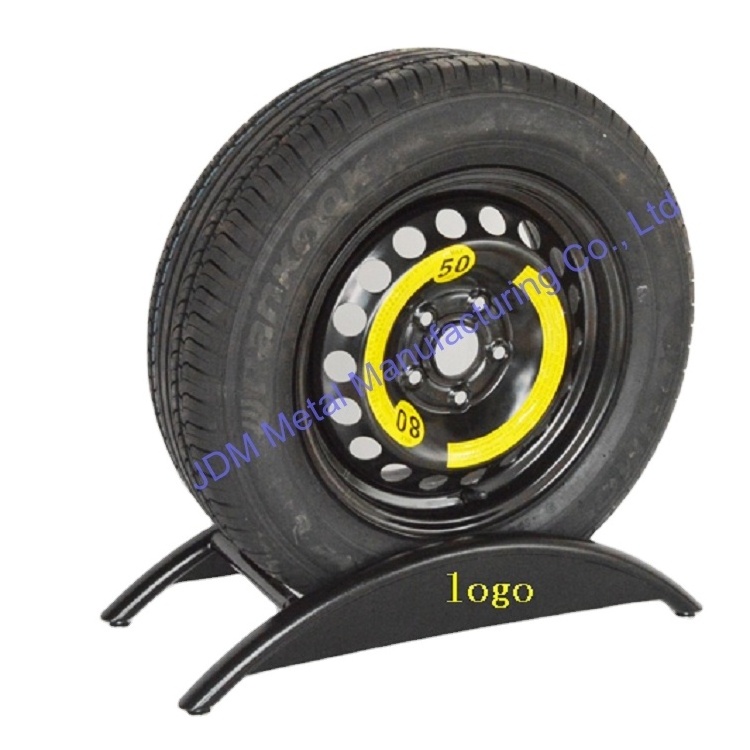 Customize high quality metal weld powder coated single car wheel tire rim display stand with pvc board logo