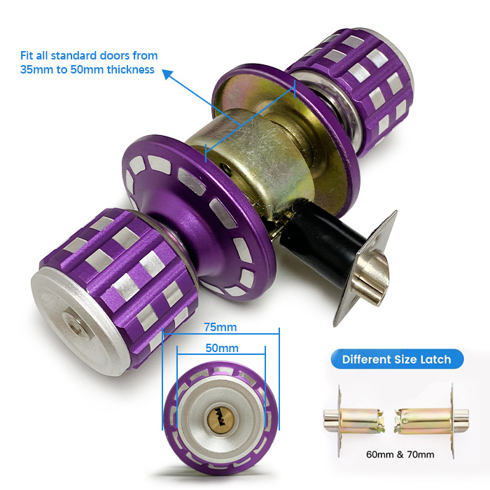 Zinc alloy purple cylindrical locks for bedrooms and bathrooms