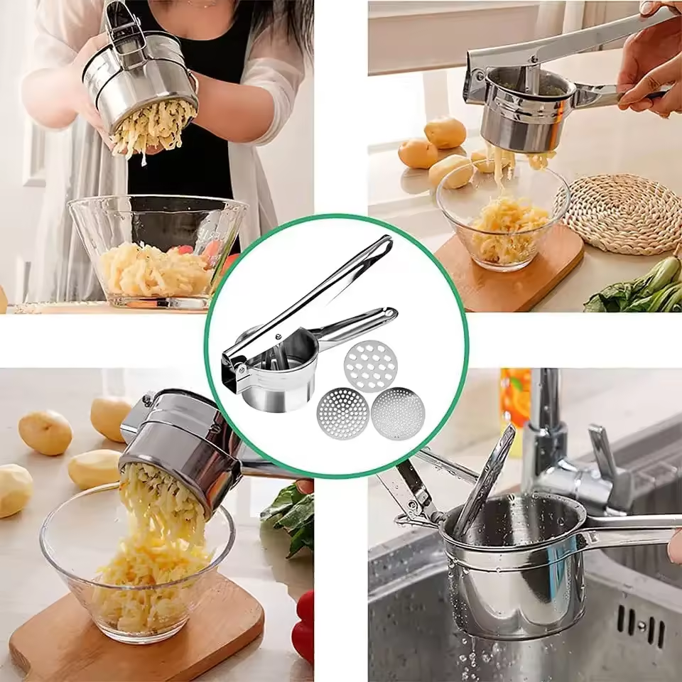 Potato Ricer Masher Premium Stainless Steel 3 Interchangeable Discs Manual Onions Potato Ricer