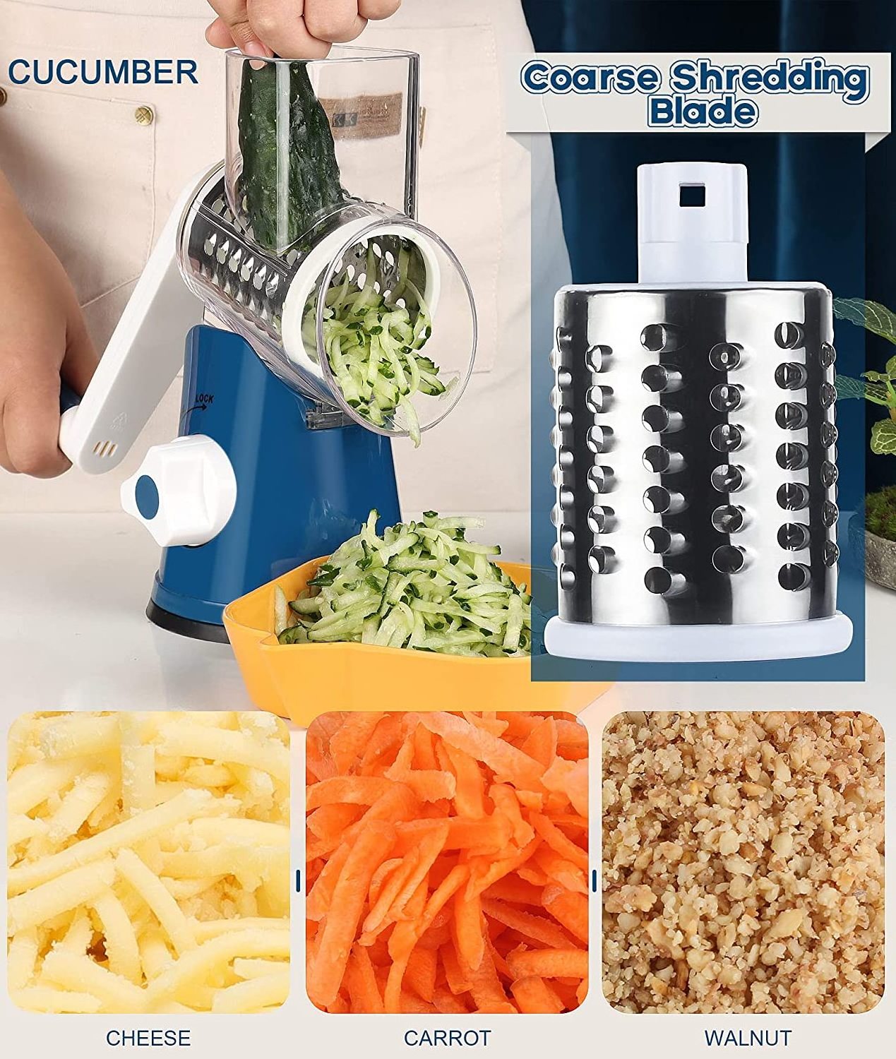 Cheese Grater Rotary Carrot Cutter for Kitchen, Kitchen Vegetable Slicer with 3 Drum Blades