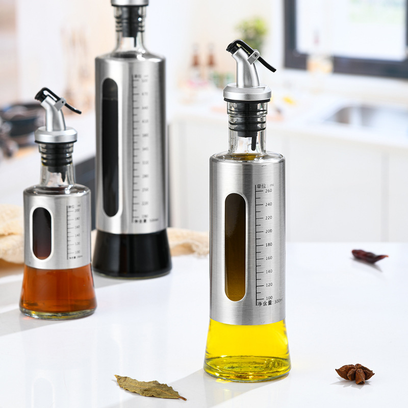 200/300/500ml Glass Oil Dispenser Bottle Stainless Steel Glass Oil Container