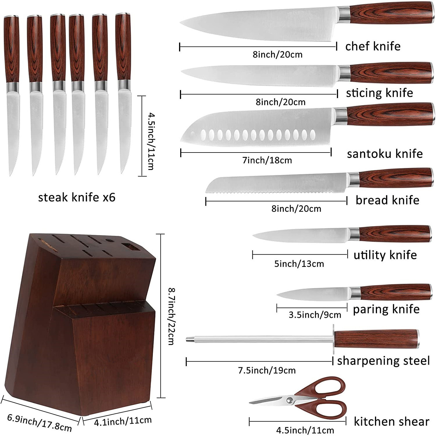 15 pcs all in one high carbon stainless steel kitchen wooden handle knife block set in wooden block  with scissors and sharpener