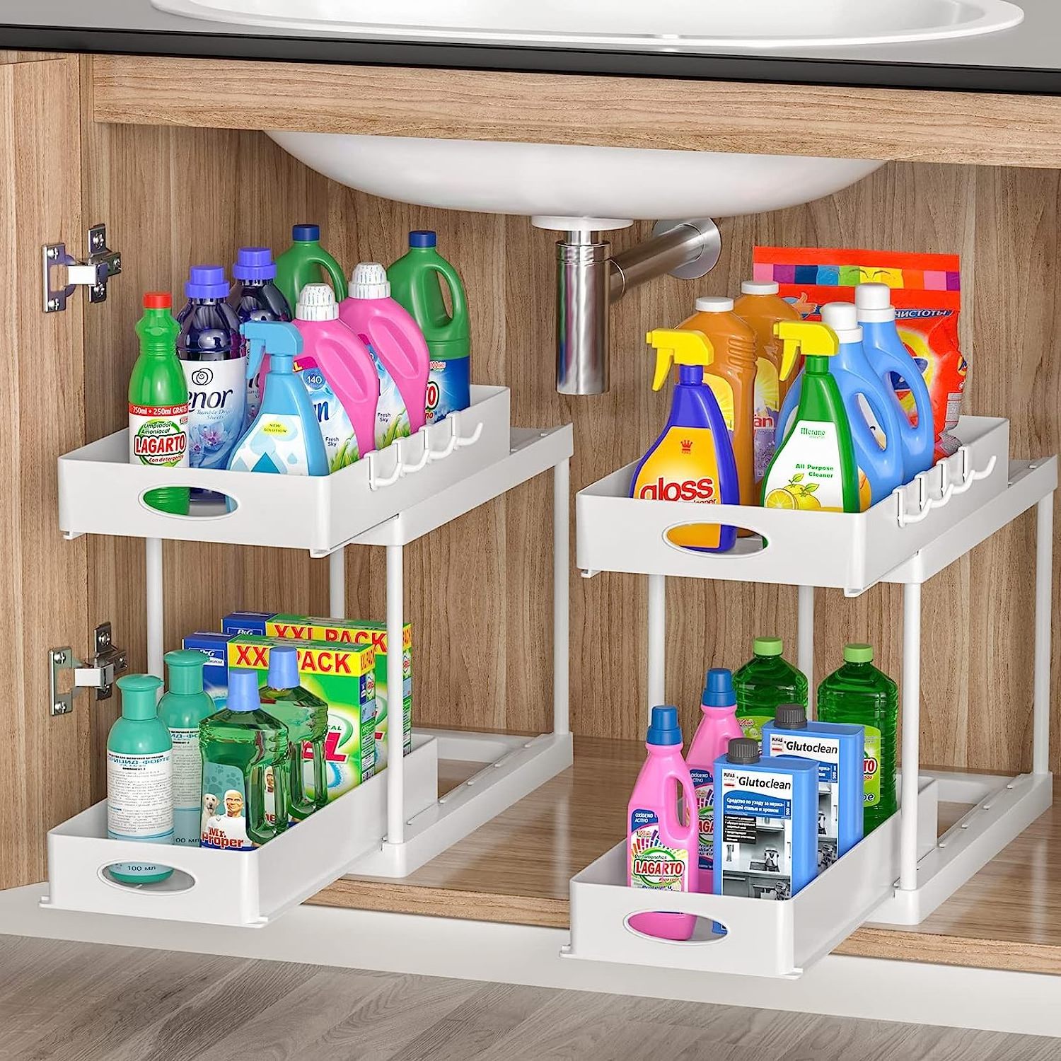 Under Sink Organizer, 2 Pack Double Sliding Under Cabinet Storage Easy Access Pull Out Organizer