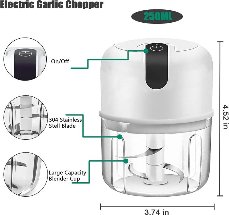 USB Rechargeable Portable Electric Food Crusher Wireless Mini Cutter for Chopping Vegetable 250ML Electric Garlic Chopper