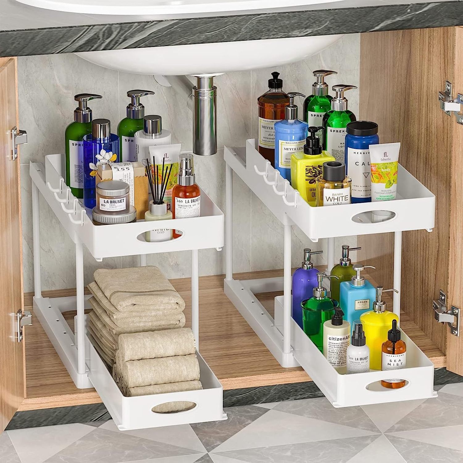 Under Sink Organizer, 2 Pack Double Sliding Under Cabinet Storage Easy Access Pull Out Organizer