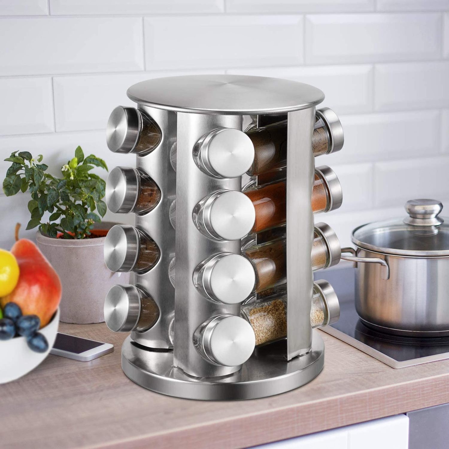 16 Jars Countertop Free-standing Vertical Rotatable Revolving Rotating Kitchen Organization and Storage Spice Rack