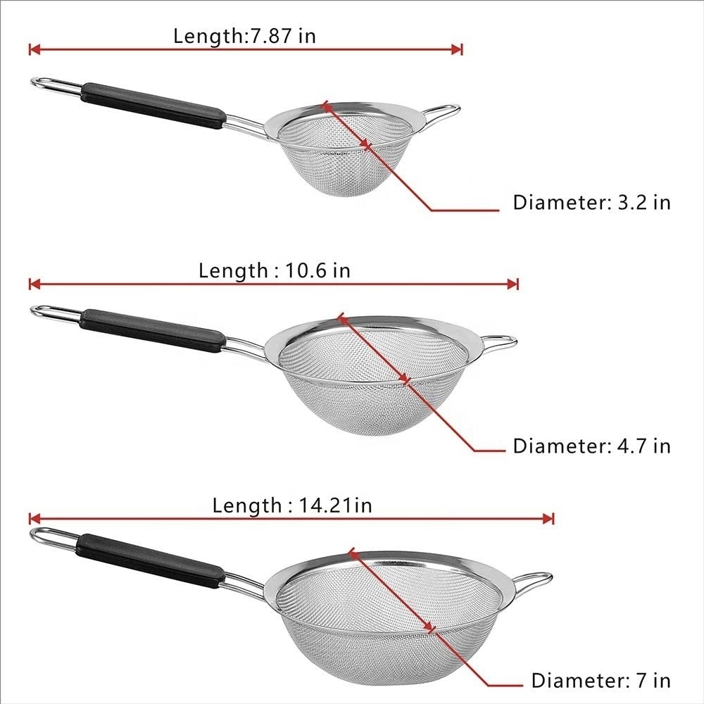 Set of 3 Stainless Steel Fine Wire Mesh Kitchen Sieve with Comfortable Non Slip Handles