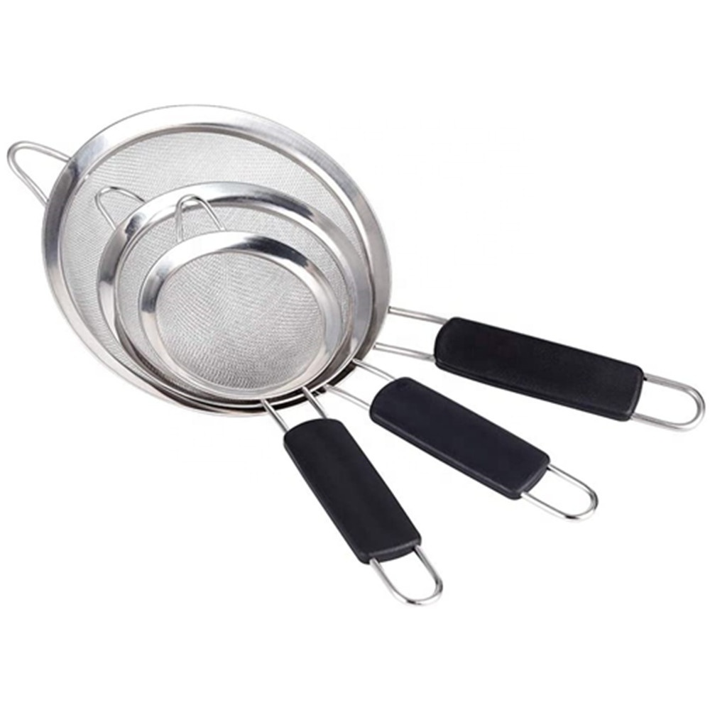 Set of 3 Stainless Steel Fine Wire Mesh Kitchen Sieve with Comfortable Non Slip Handles