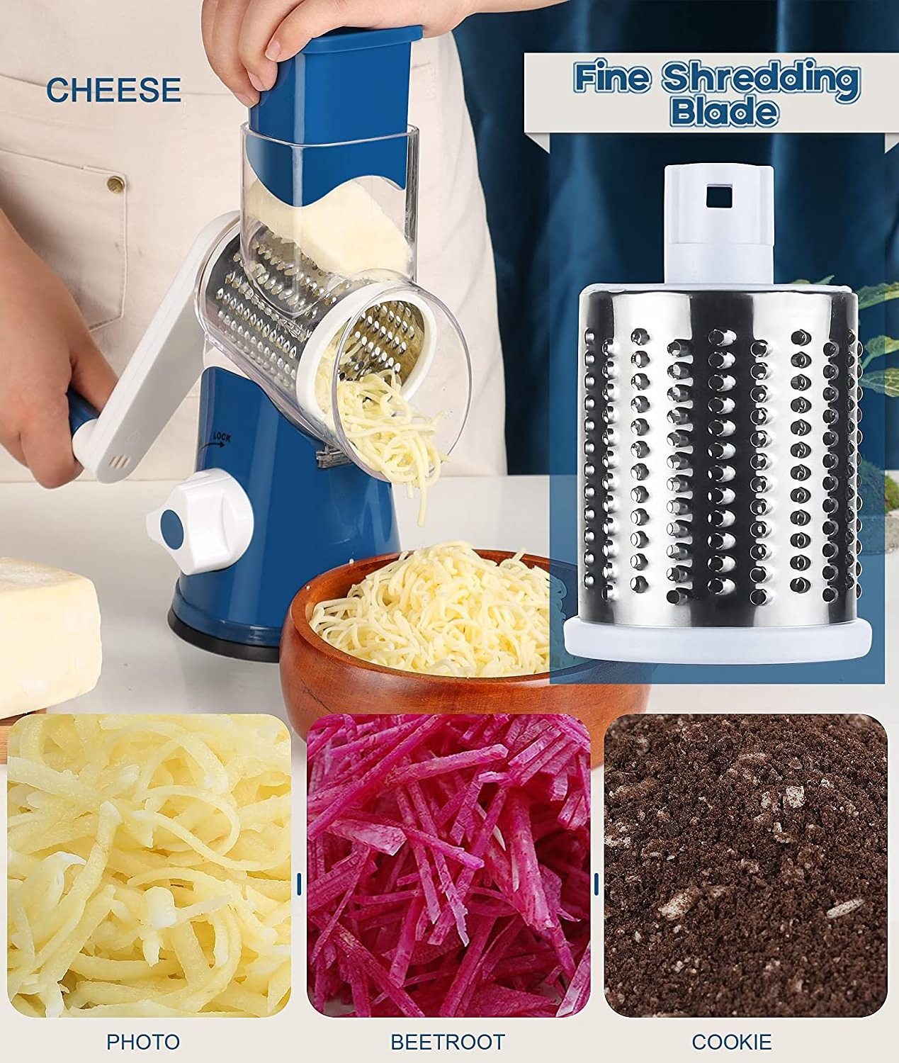 Cheese Grater Rotary Carrot Cutter for Kitchen, Kitchen Vegetable Slicer with 3 Drum Blades