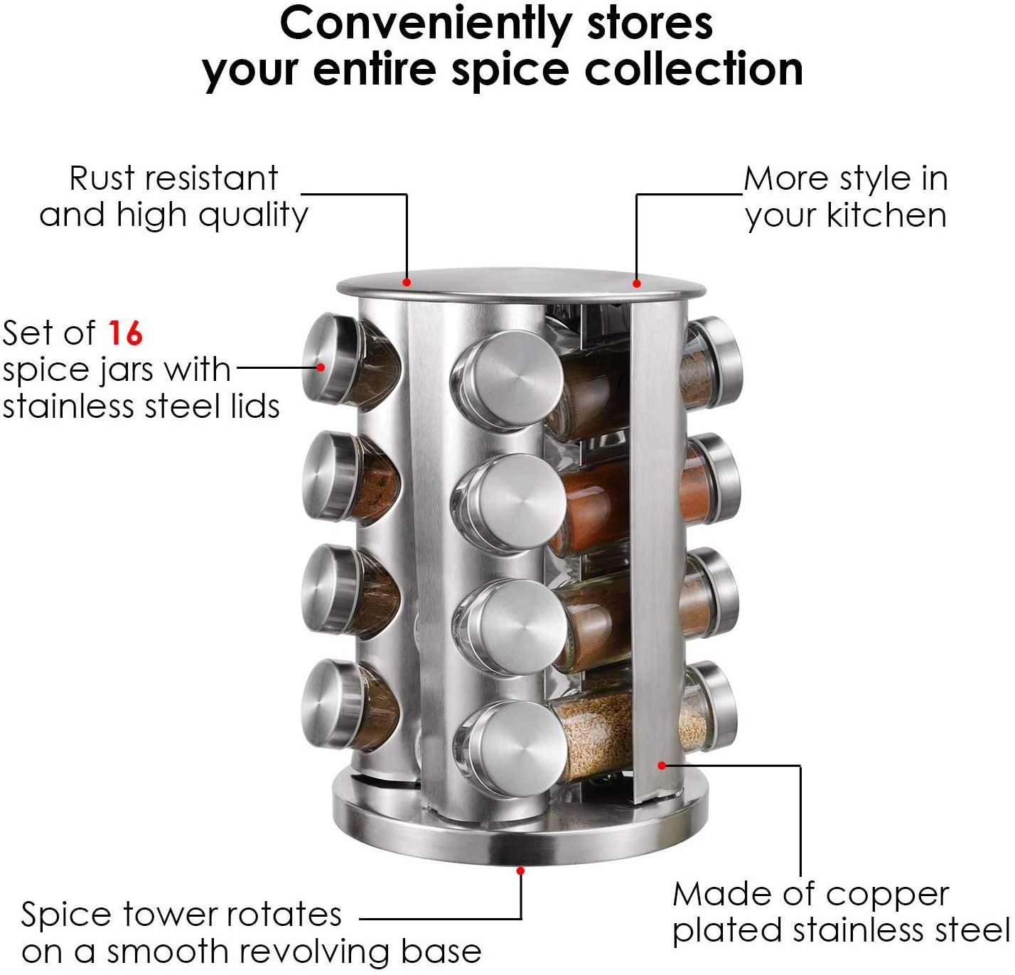 16 Jars Countertop Free-standing Vertical Rotatable Revolving Rotating Kitchen Organization and Storage Spice Rack