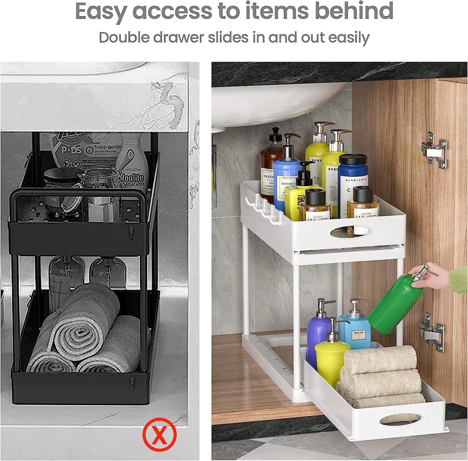 Under Sink Organizer, 2 Pack Double Sliding Under Cabinet Storage Easy Access Pull Out Organizer