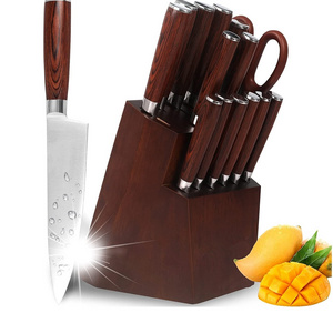 15 pcs all in one high carbon stainless steel kitchen wooden handle knife block set in wooden block  with scissors and sharpener