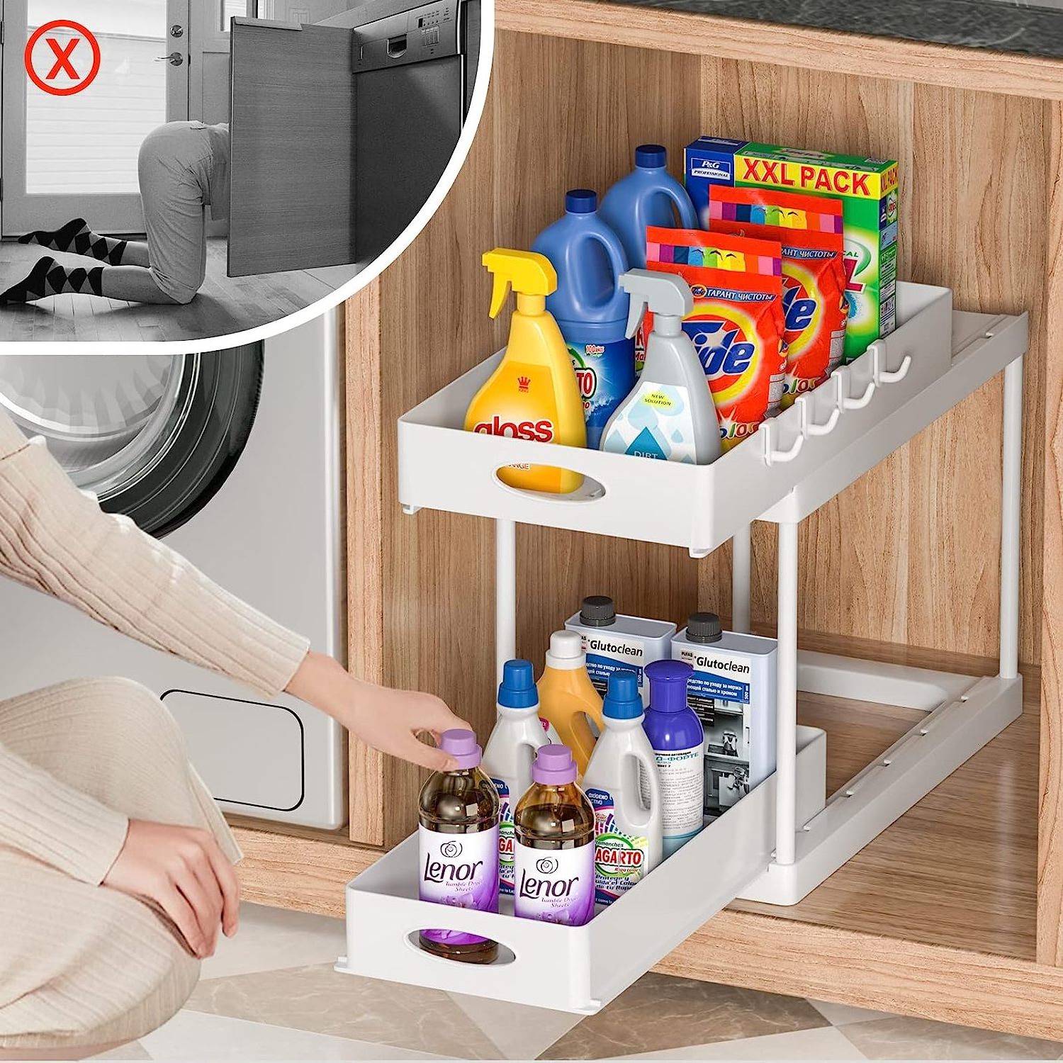 Under Sink Organizer, 2 Pack Double Sliding Under Cabinet Storage Easy Access Pull Out Organizer