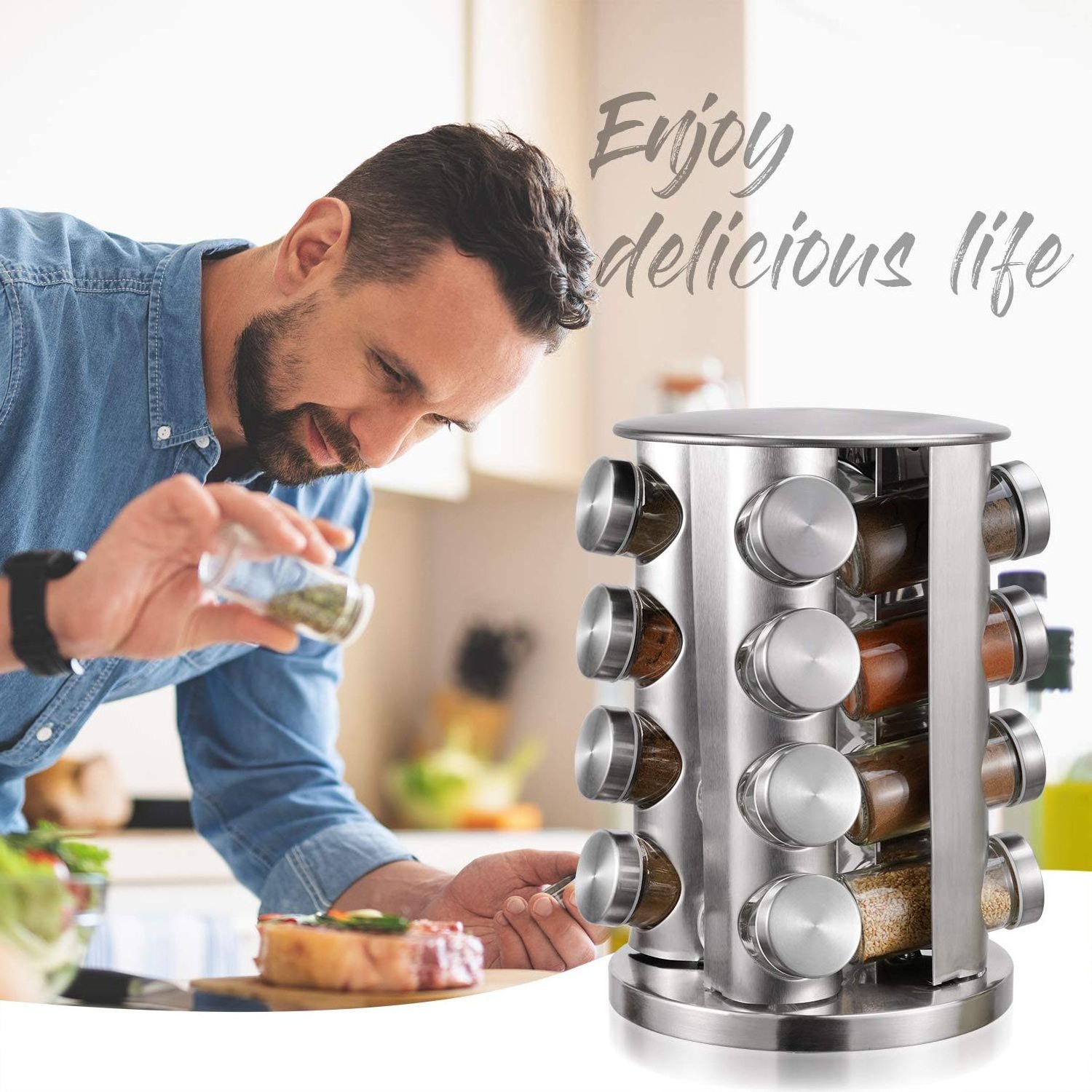 16 Jars Countertop Free-standing Vertical Rotatable Revolving Rotating Kitchen Organization and Storage Spice Rack