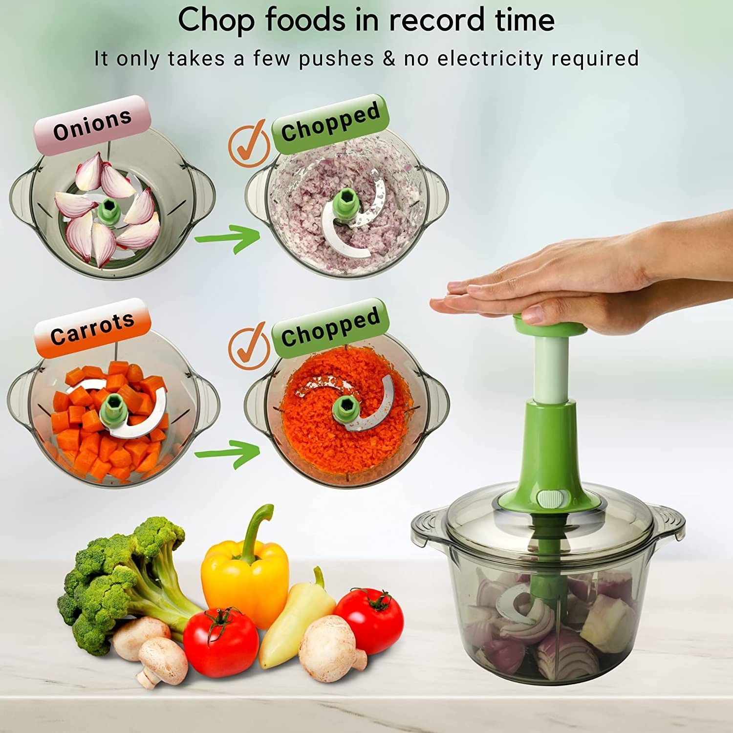 Quick Manual Hand Press Chopper to Chop Vegetables Hand Held Chopper Salad Spinner