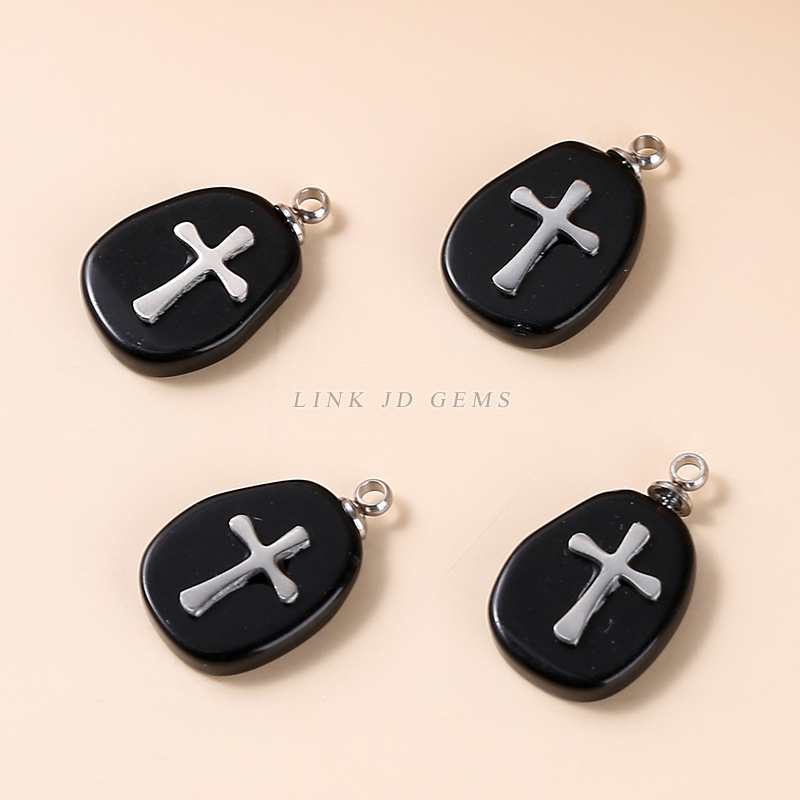 JD Natural Black Obsidian Cross Inlay Gold Plated Stainless Steel Pendant Charms For Jewelry Making Necklace Earrings