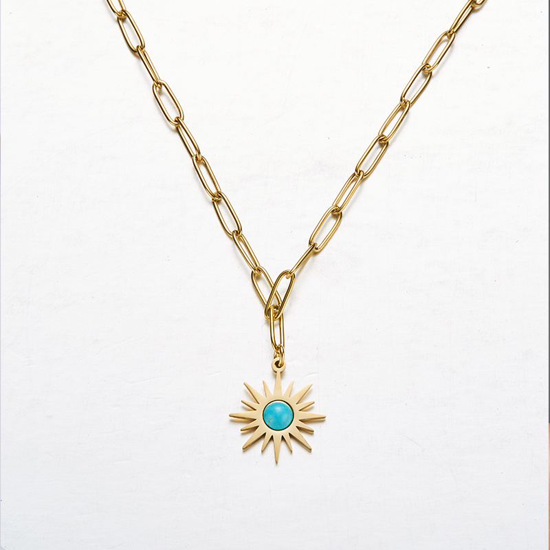 Natural Turquoise Inlay Pendant Necklace Women Boho 18k Gold Plated Stainless Steel Turquoise Bead Sun Flower Charm Choker