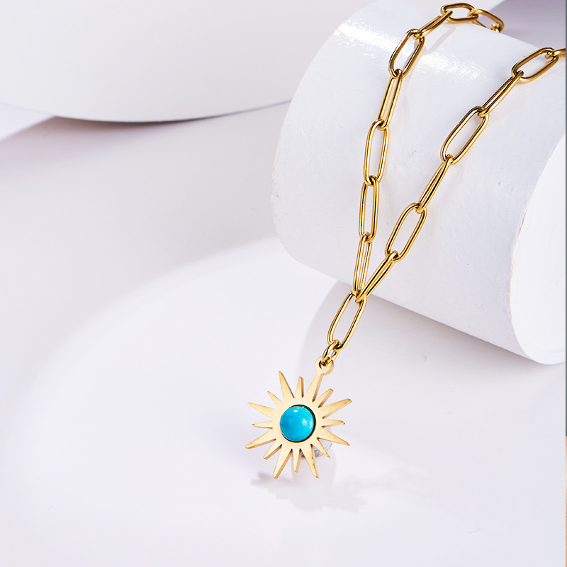 Natural Turquoise Inlay Pendant Necklace Women Boho 18k Gold Plated Stainless Steel Turquoise Bead Sun Flower Charm Choker