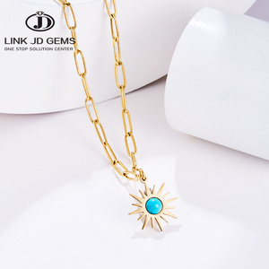 Natural Turquoise Inlay Pendant Necklace Women Boho 18k Gold Plated Stainless Steel Turquoise Bead Sun Flower Charm Choker