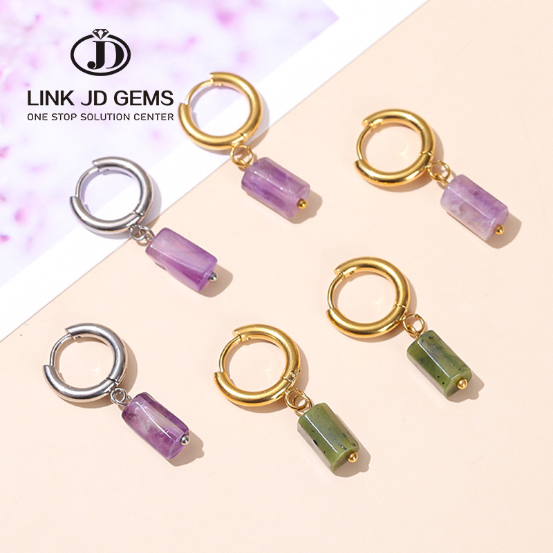 Hot Selling  Gemstone  Stainless Steel Earrings High Quality Quartz Jade Round Buckle Earrings Wholesale Women Jewelry