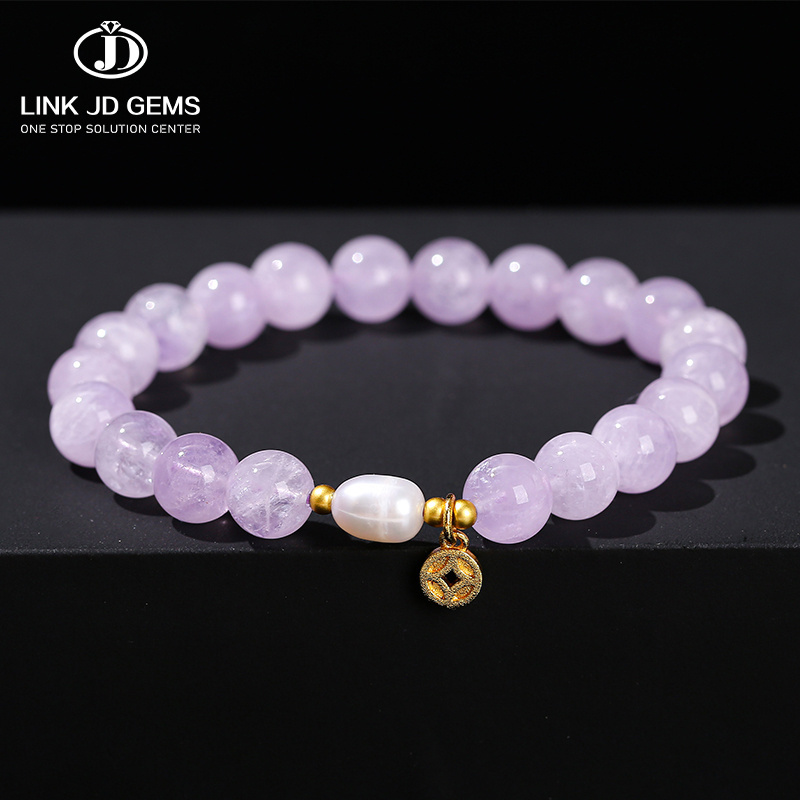 JD GEMS Semi Precious Gemstone Purple Energy Stone Healing Bracelets Natural Lavender Amethyst Pearl Rice Bead Bracelet