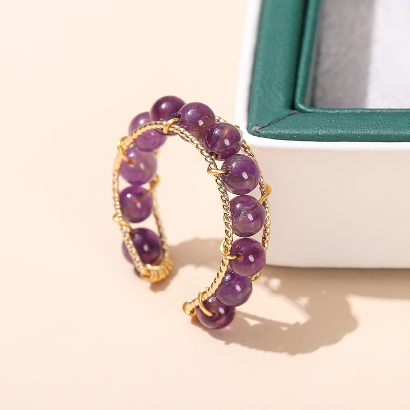 JD Gold Plated Copper Fine Gemstone Bead Ladies Adjustable Finger Ring 4mm Natural Rock Quartz Agate Amethyst Beads Open Ring