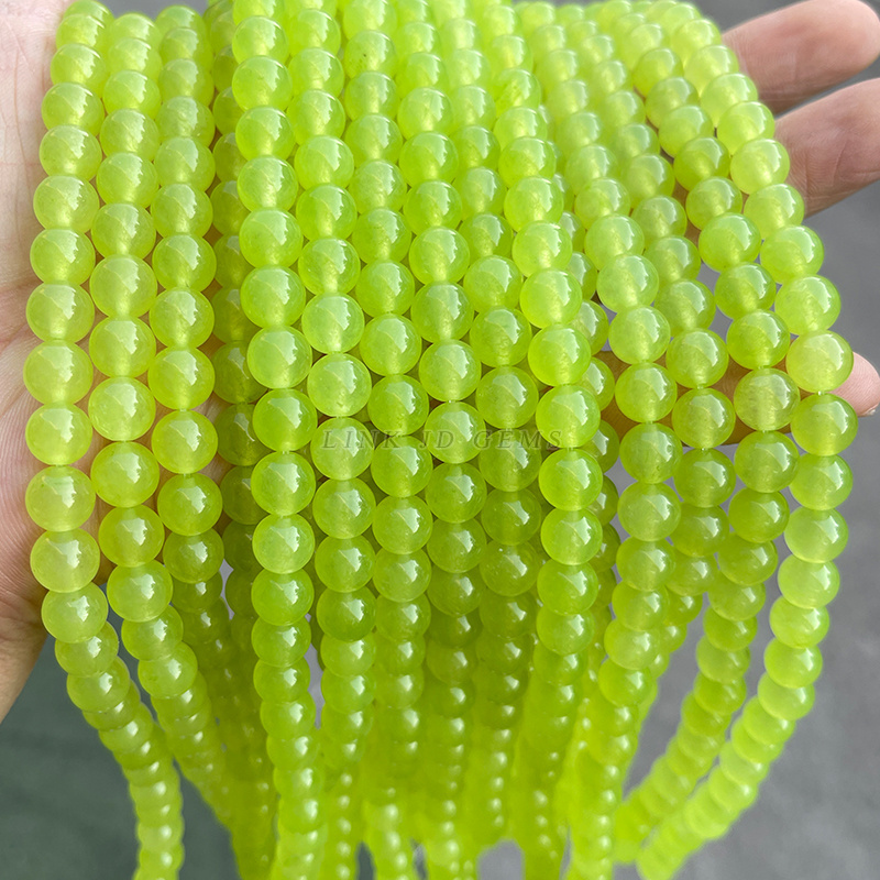 JD 4-14mm Natural Brilliant Round Loose Stone Bead High Quality Dyed Color Apple Green Chalcedony Stone Beads for Jewelry Making