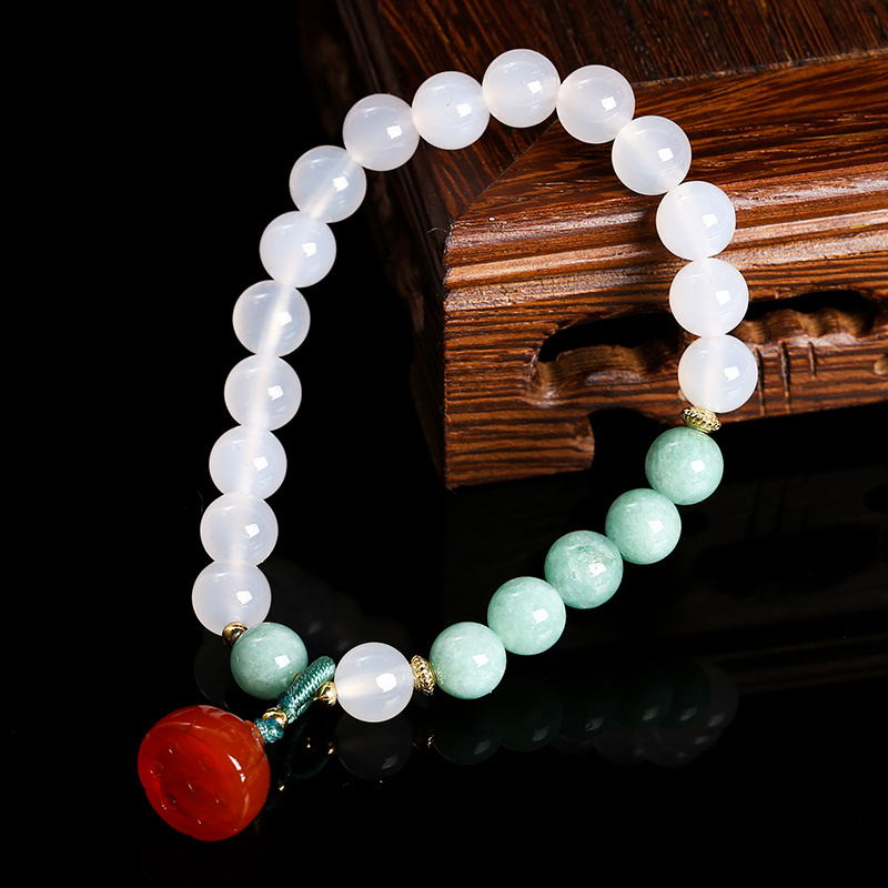 JD GEMS Simple Antique Style Fresh and Fairy Artistic Jewelry Natural White Agate Myanmar Jade Beads Bracelet with Lotus Seed