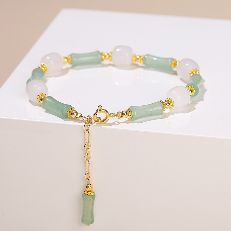 JD Semi-Precious Jade Stone Beads Alloy Chain Bracelet Natural Southern Jade Bamboo Joint Shape Light Green Jade Bracelet