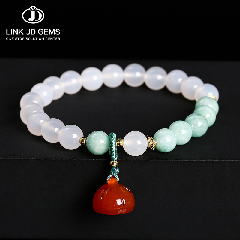 JD GEMS Simple Antique Style Fresh and Fairy Artistic Jewelry Natural White Agate Myanmar Jade Beads Bracelet with Lotus Seed