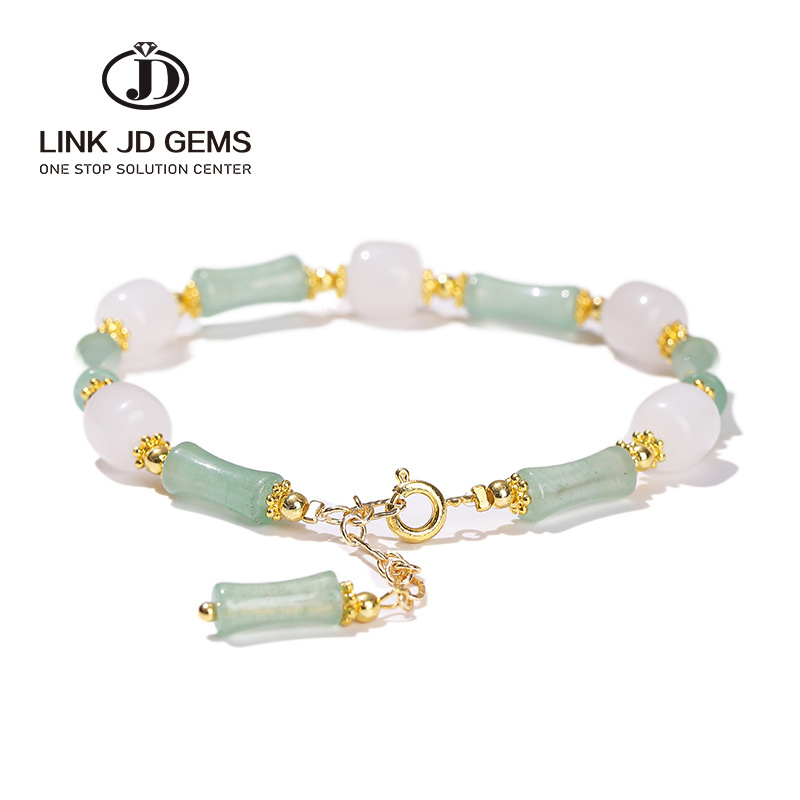 JD Semi-Precious Jade Stone Beads Alloy Chain Bracelet Natural Southern Jade Bamboo Joint Shape Light Green Jade Bracelet