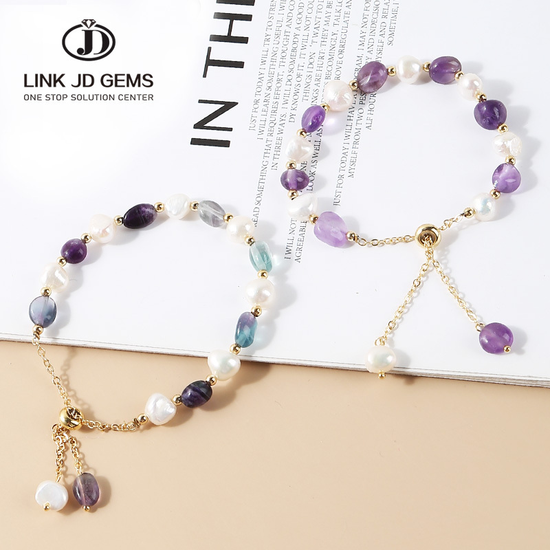 JD Fashion Adjustable Crystal Healing Irregular Stone Energy Natural Amethysts Freshwater Pearl Bead Braid Chain Bracelet