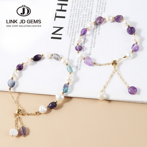 JD Fashion Adjustable Crystal Healing Irregular Stone Energy Natural Amethysts Freshwater Pearl Bead Braid Chain Bracelet