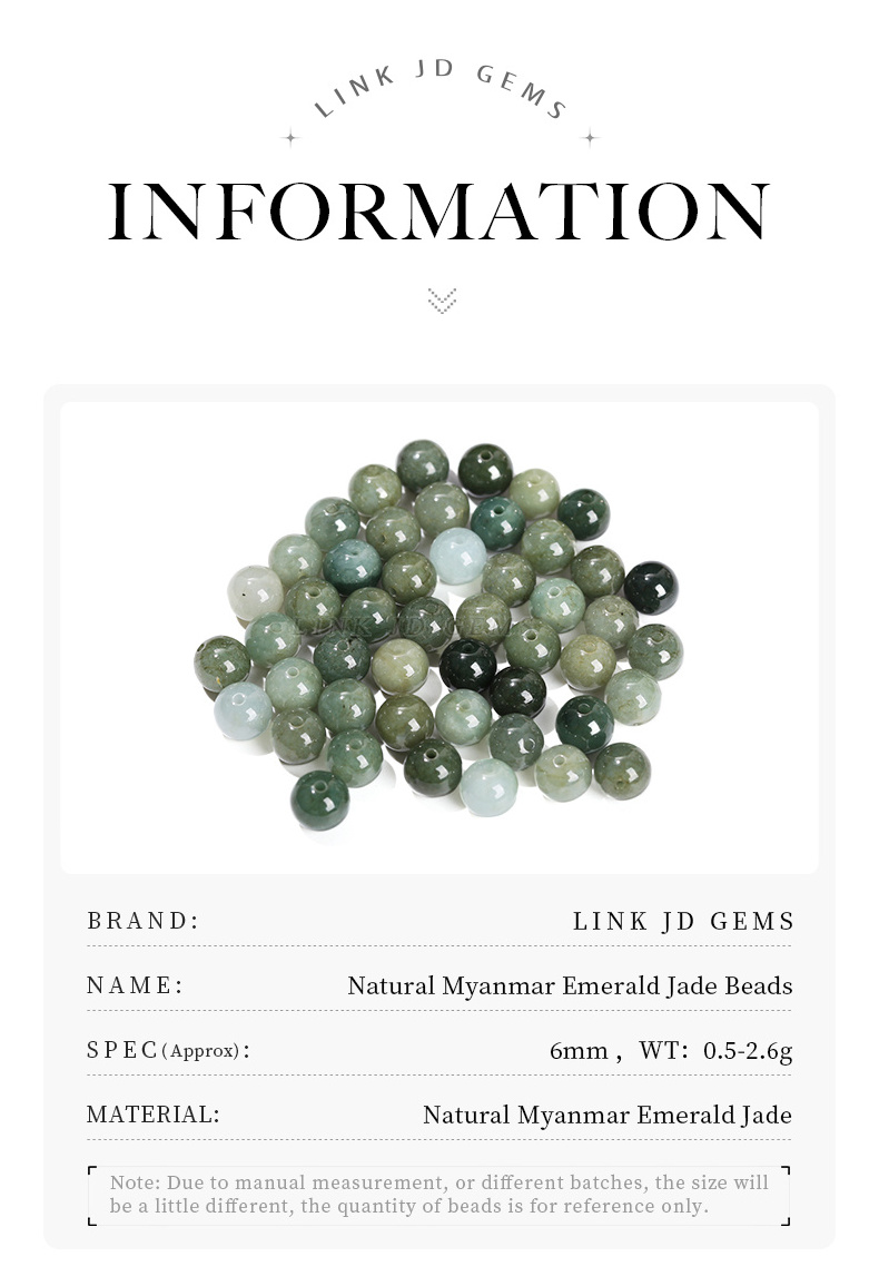 JD GEMS 6mm 8mm 10mm 12mm Authentic Real Light Dark Color Natural Myanmar Emerald Jade Loose Stone Beads for Jewelry Making