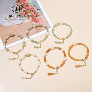 JD Semi-Precious Jade Stone Beads Alloy Chain Bracelet Natural Southern Jade Bamboo Joint Shape Light Green Jade Bracelet