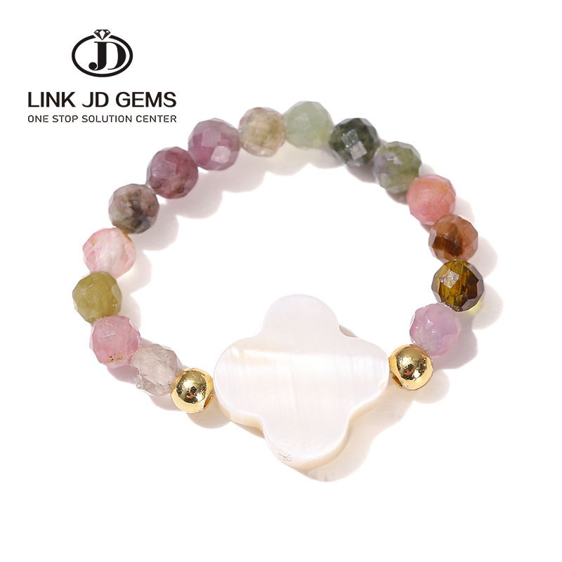 JD Gem Stones Joint Finger Elastic Rope Beads Rings Faceted Natural Tourmaline Beads Shell Four-Leaf Clover Ring