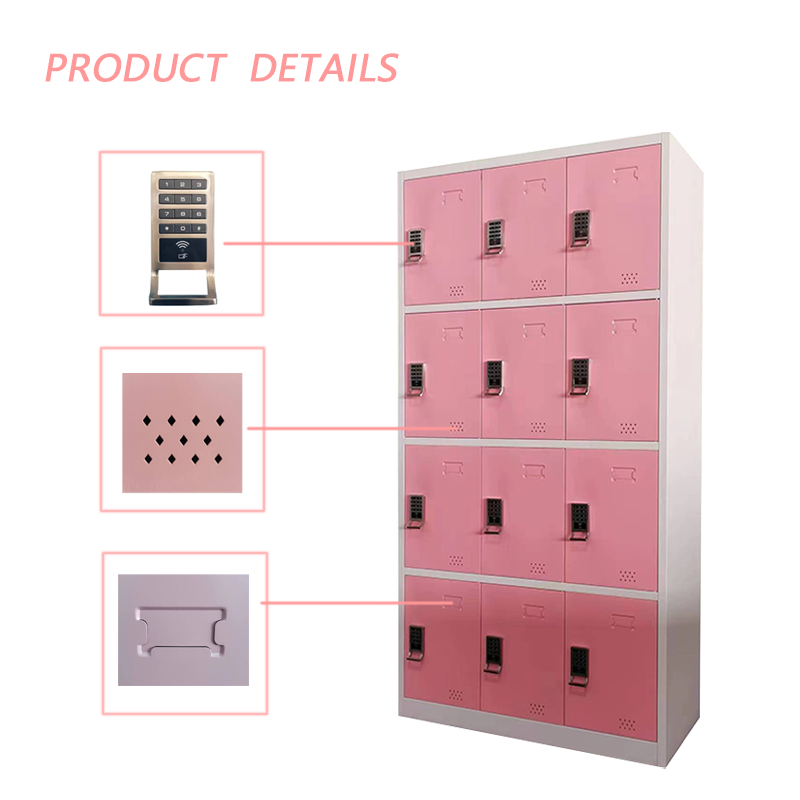 Custom Storage Cabinet 12 Doors Meatal Locker Cabinet KD Structure Digital Lock Pink Steel Locker for Gym