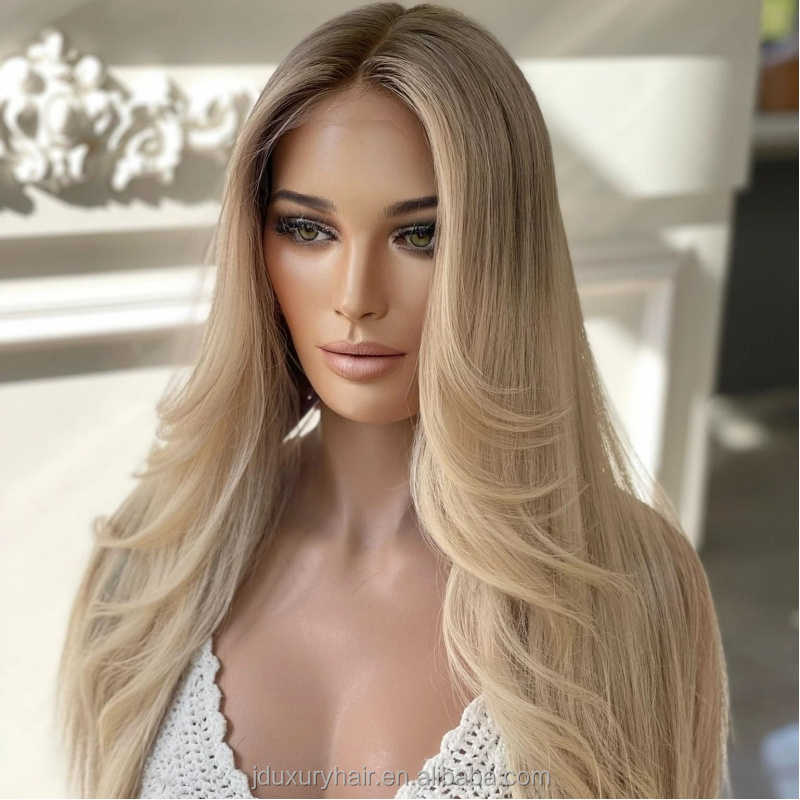 100% russian human Hair HD Lace front wig Cuticle Aligned highlights ash blonde bone straight hair silk top full lace wig