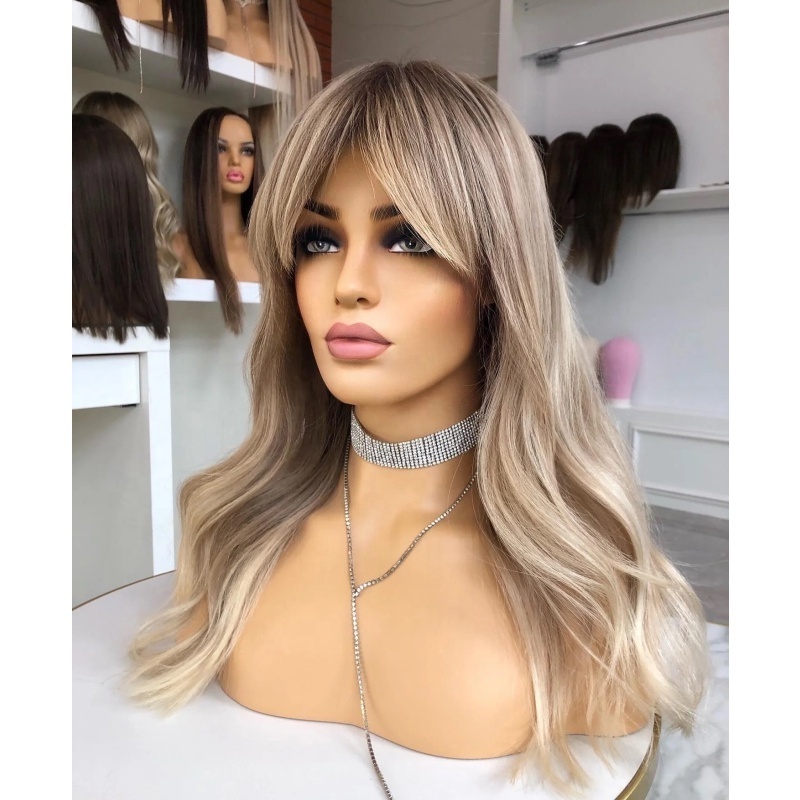 top grade Luxury Lace Top Wig Mongolian Virgin Remy Human Hair with bangs European hair Transparent Swiss Lace Front jewish wig