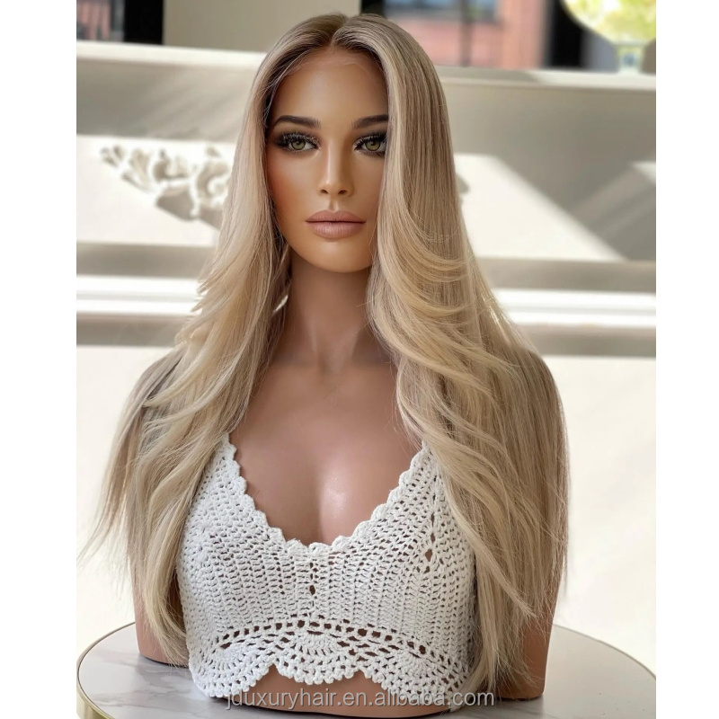 100% russian human Hair HD Lace front wig Cuticle Aligned highlights ash blonde bone straight hair silk top full lace wig