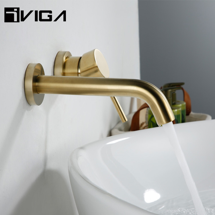 Modern Design Concealed Wall Mounted Brushed Gold Brass Basin Faucet For Bathroom