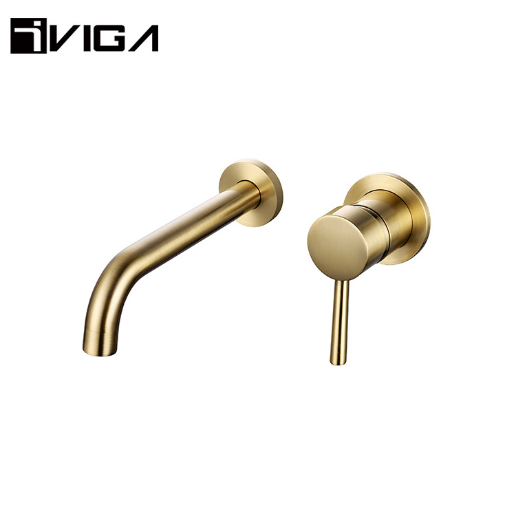 Modern Design Concealed Wall Mounted Brushed Gold Brass Basin Faucet For Bathroom