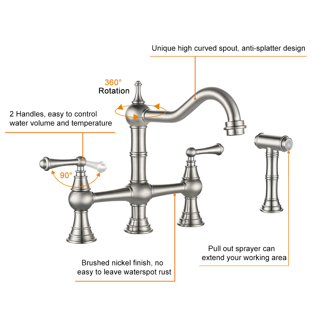 Bridge Kitchen Faucet with Side Sprayer, Antique Classic Heritage 8 inch Centerset Deck-Mount Kitchen Sink Faucet