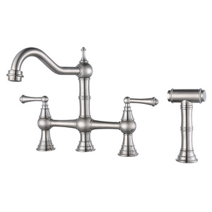 Bridge Kitchen Faucet with Side Sprayer, Antique Classic Heritage 8 inch Centerset Deck-Mount Kitchen Sink Faucet