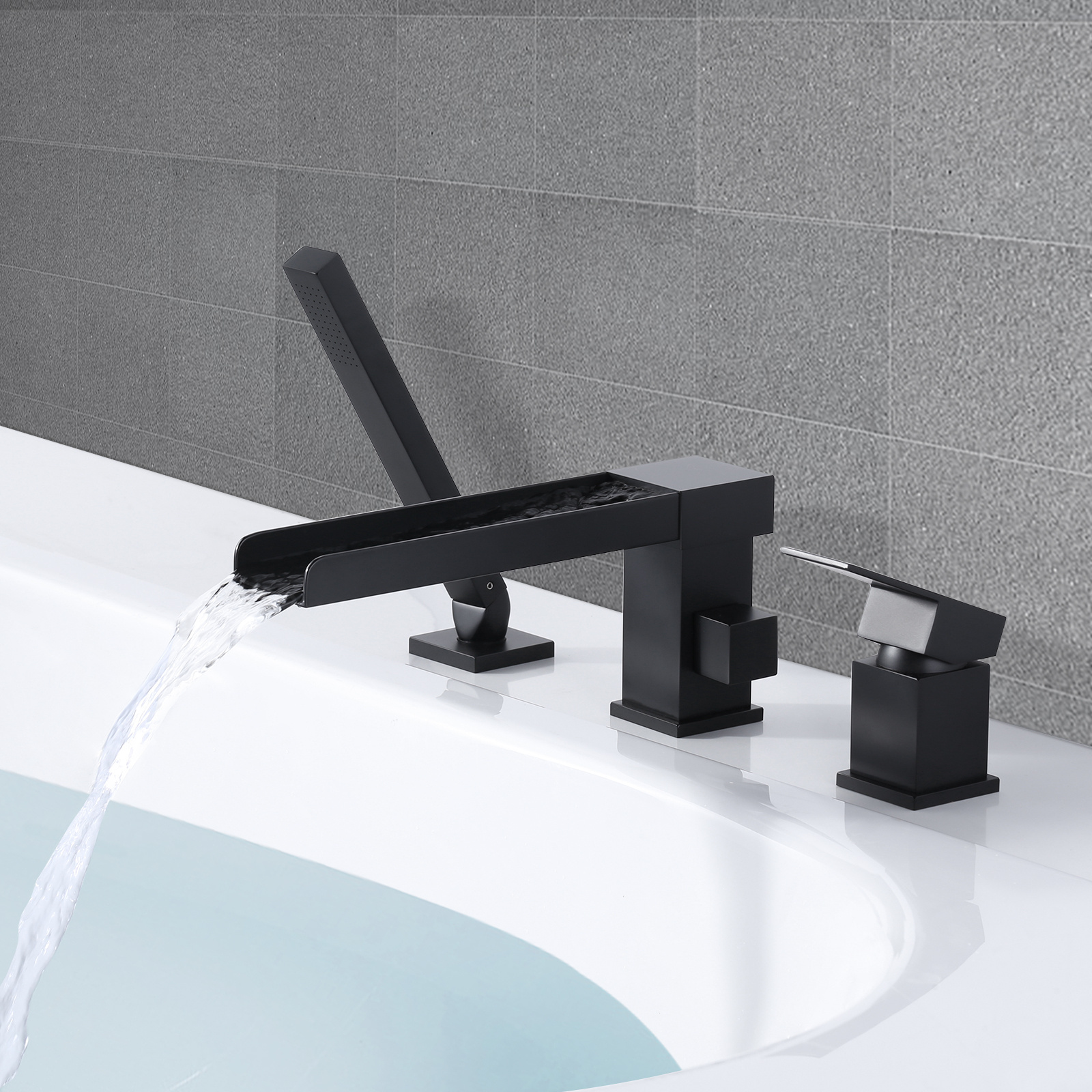 Waterfall Roman Tub Faucets with Hand Shower Deck Mount Washroom Brass Tub Filler Bathtub Faucet