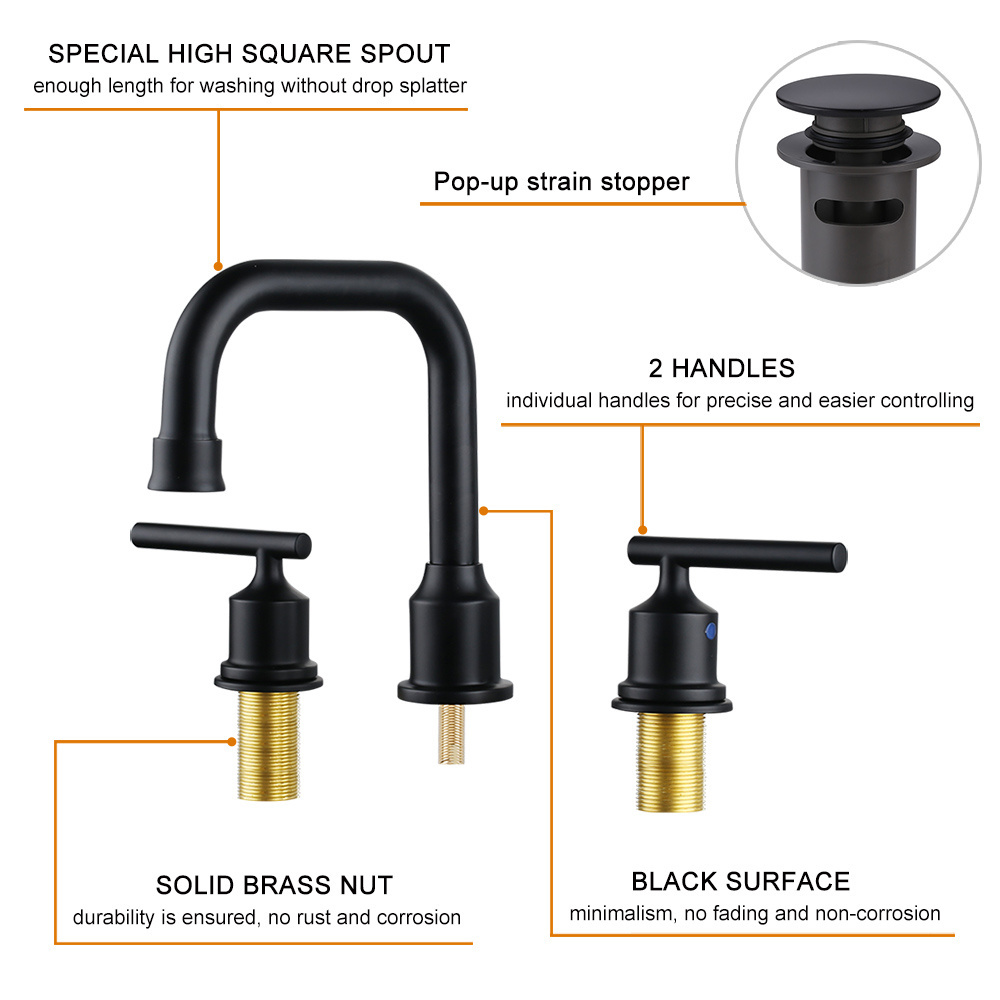 Two Handles Widespread 8 inch Bathroom Faucet Black 3 Pieces Basin Faucets Lavatory Sink Faucet