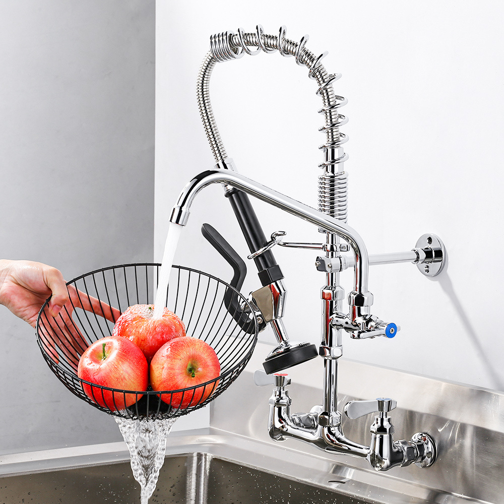 Commercial Wall Mount 2 Holes Kitchen Sink Mixer Tap Faucet With Pull Down Spring Kitchen Pre Rinse Faucet