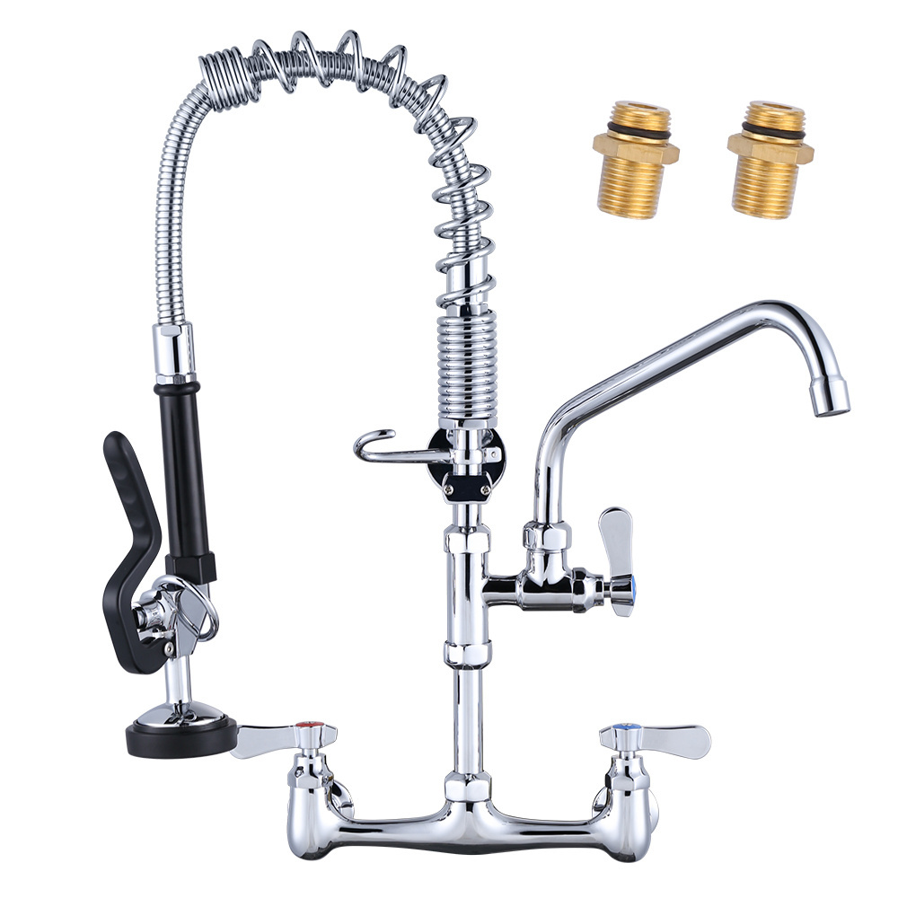 Commercial Wall Mount 2 Holes Kitchen Sink Mixer Tap Faucet With Pull Down Spring Kitchen Pre Rinse Faucet