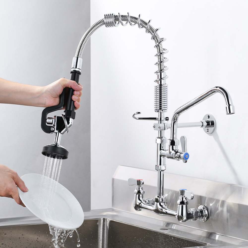 Commercial Wall Mount 2 Holes Kitchen Sink Mixer Tap Faucet With Pull Down Spring Kitchen Pre Rinse Faucet